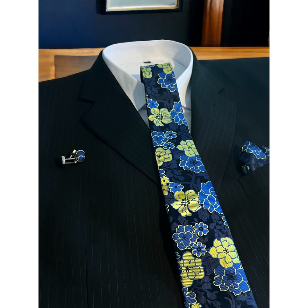 Men’s 3 Piece Tie Set Navy Blue Yellow Floral Tie Pocket Square Cufflinks 59"x3"